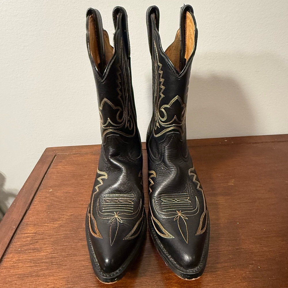 Black Leather Cowboy Boots with Gold Embroidery